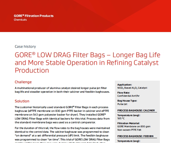 Case study front page: GORE® LOW DRAG Filter Bags – Longer Bag Life and More Stable Operation in Refining Catalyst Production