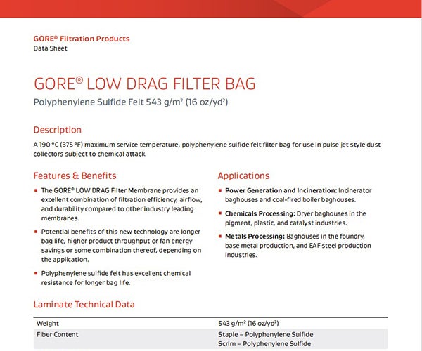 GORE-LOW-DRAG-Filter-Bags-5170-Propylene-Sulfide-543-Datasheet