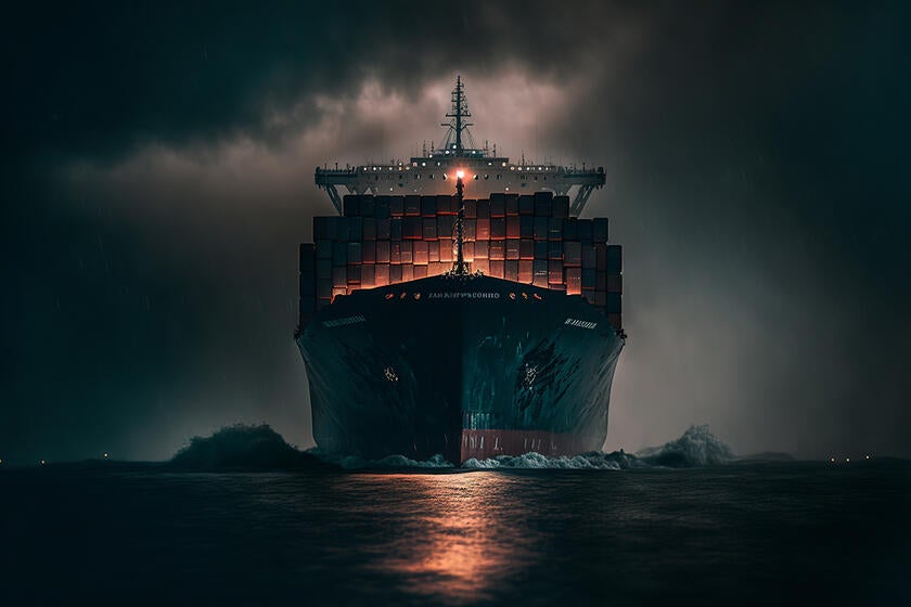 A large container ship transporting goods through rain.