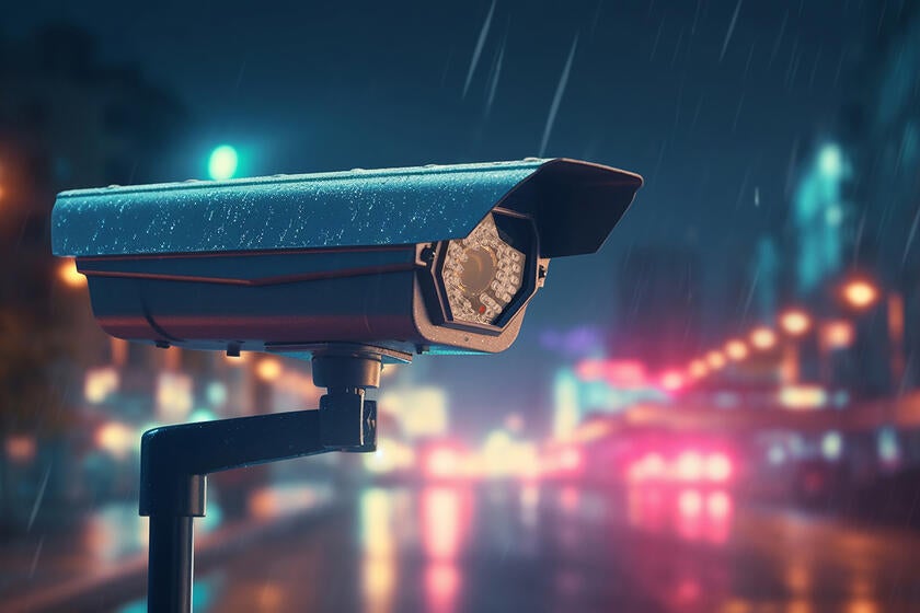A surveillance camera operation in rain.